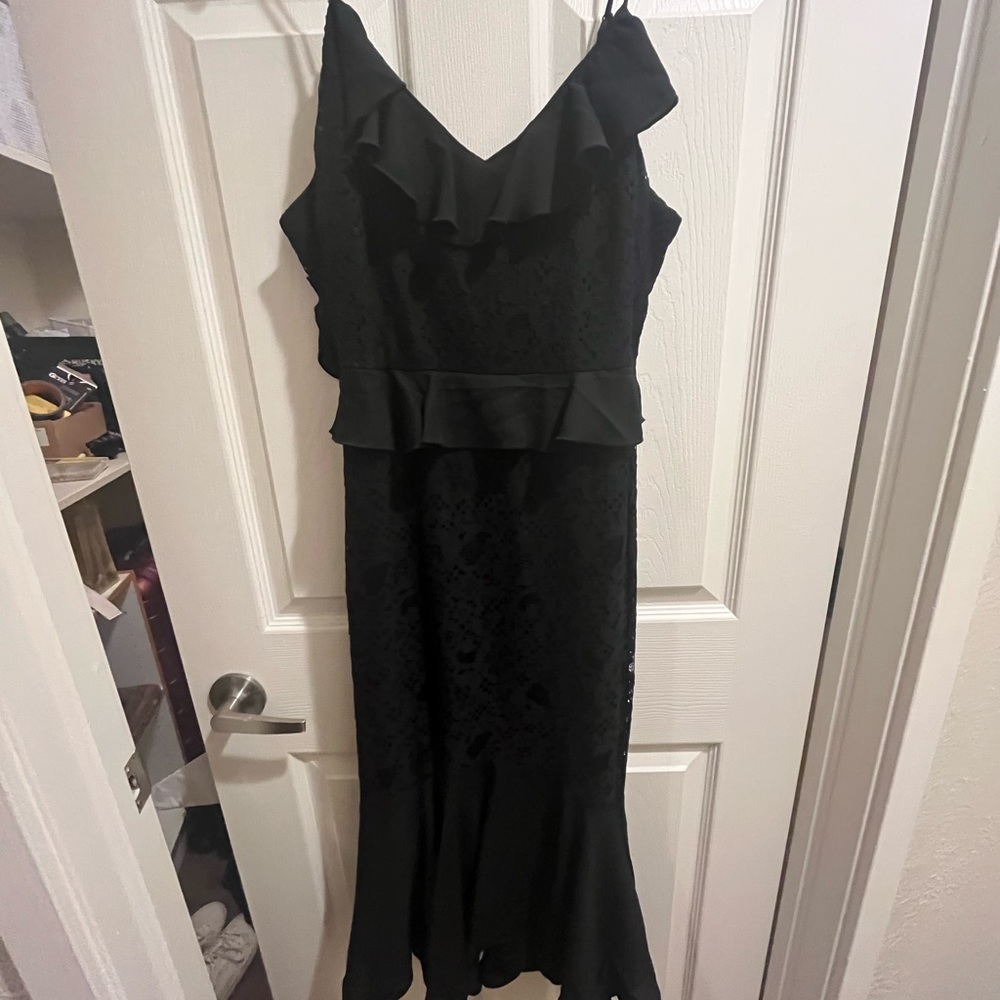 Black lulus midi dress with ruffle sleeves and floral embroidery